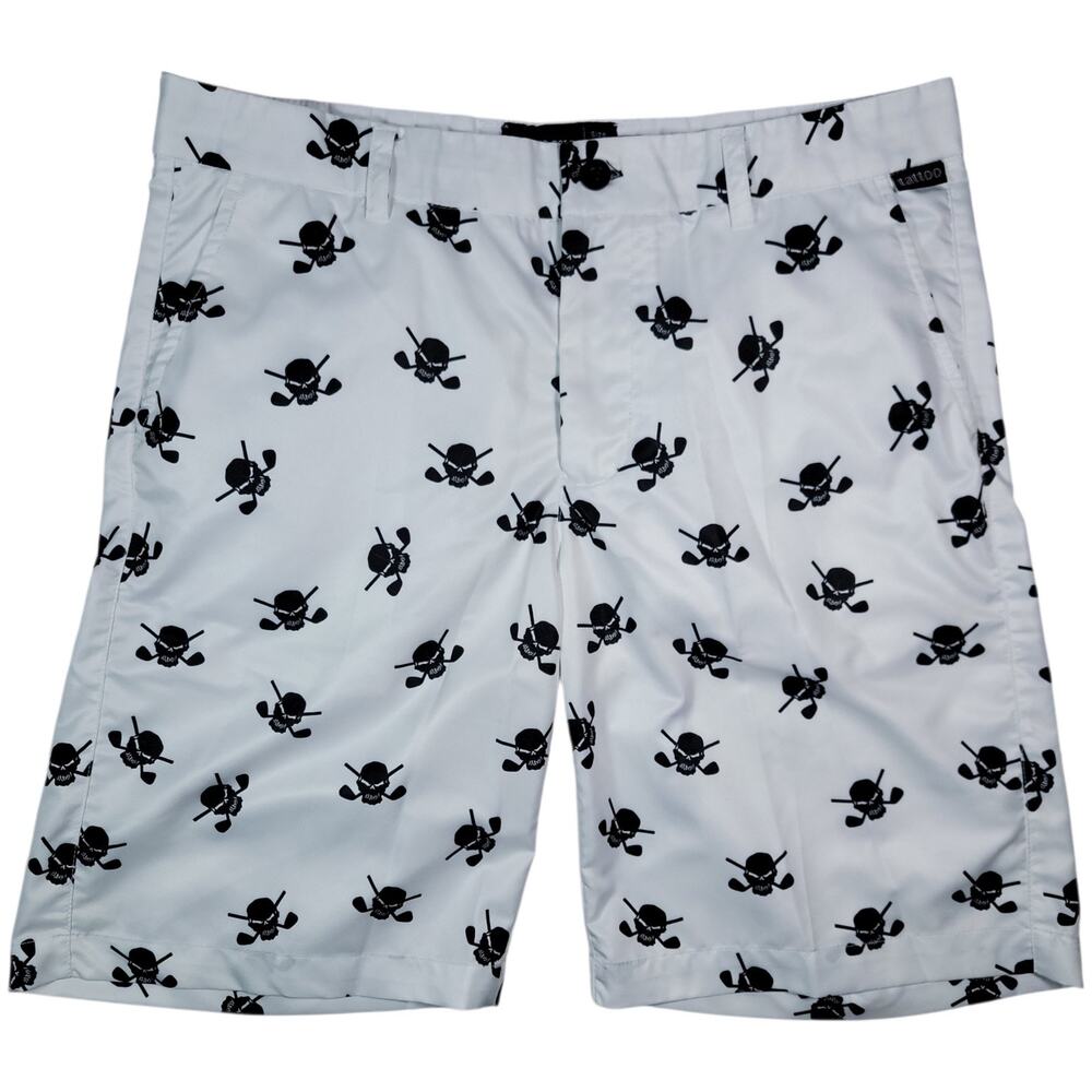 Tattoo Golf Skull Shorts Mens 32 White Black Performance Golf Stretch Athleisure